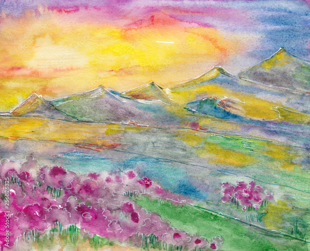 Obraz Sunset in the mountains. Watercolor painting