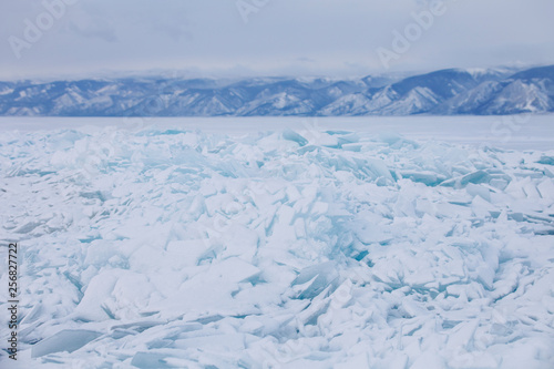 Turquoise ice floes. Winter. Baikal lake