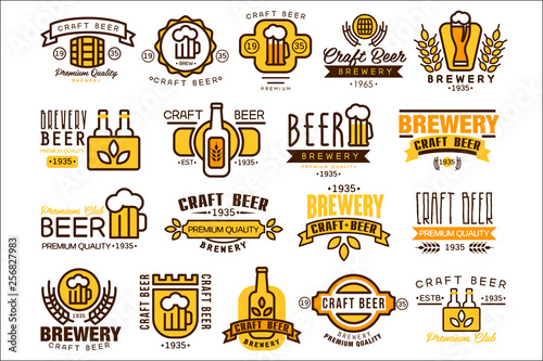 Logos set for brewing company. Vintage linear labels. Emblems with bottles, wheat branches, mugs with beer foam and ribbons. Vector design for pub, bar, brewery or tavern