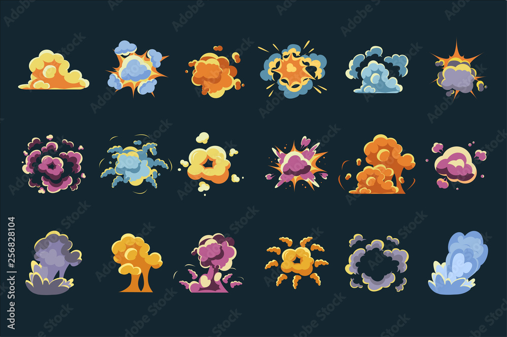 Vector set of comic explosions or bursts. Cartoon boom effect. Clouds of blasts. Colorful items for gaming interface. Elements for computer or mobile games