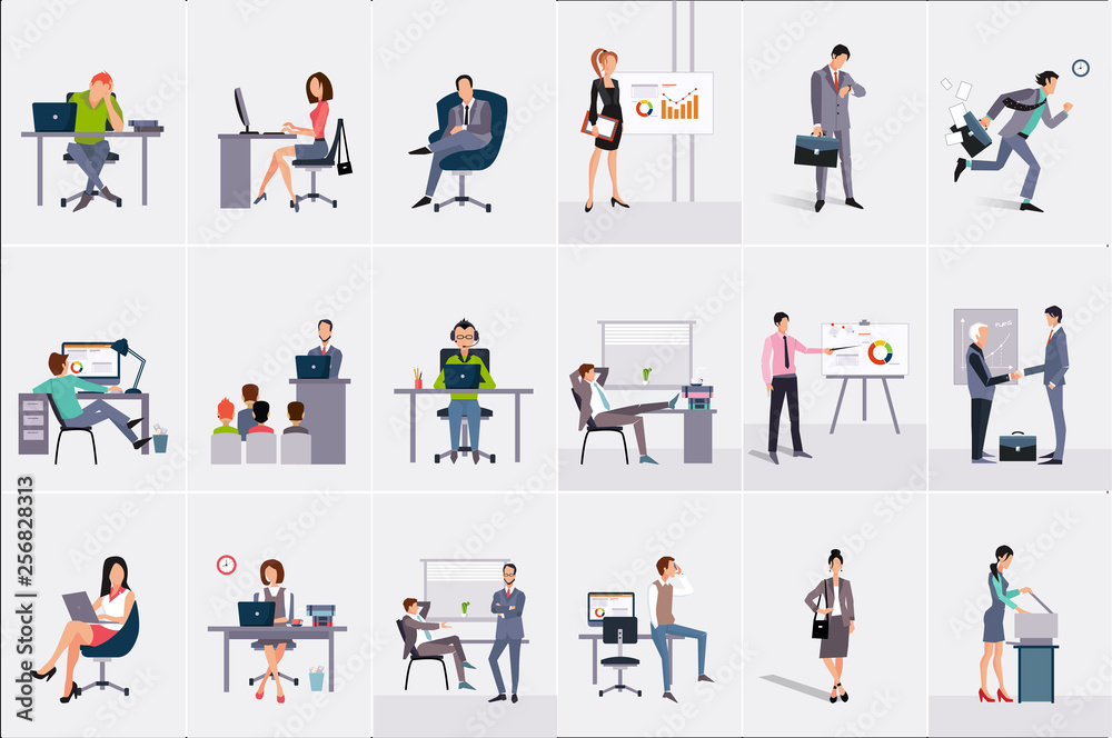 Set with businessmen and businesswomen. Young men and women at workplaces. Business people doing their work. Office workers, clerks and managers. Flat vector design