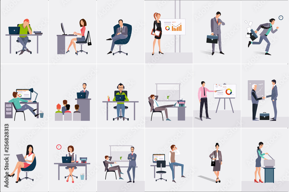 Set with businessmen and businesswomen. Young men and women at workplaces. Business people doing their work. Office workers, clerks and managers. Flat vector design Set with businessmen and businesswomen. Young men and women at workplaces. Business people doing their work. Office workers, clerks and managers. Flat vector design