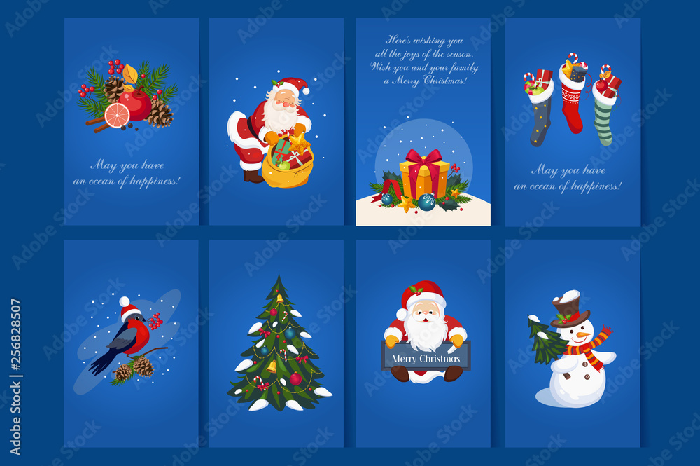 Flat vector set of 8 greeting cards with congratulations for Christmas and New Year. Blue postcards with Santa Claus, gift boxes, bullfinch, snowman, holiday tree, socks