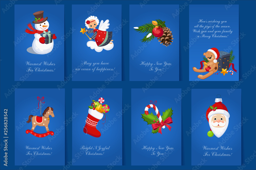 Flat vector set of 8 colorful holiday cards. Blue postcards for Merry Christmas and New Year with snowman, bear with gift box angel, decorative toys, socks with sweets