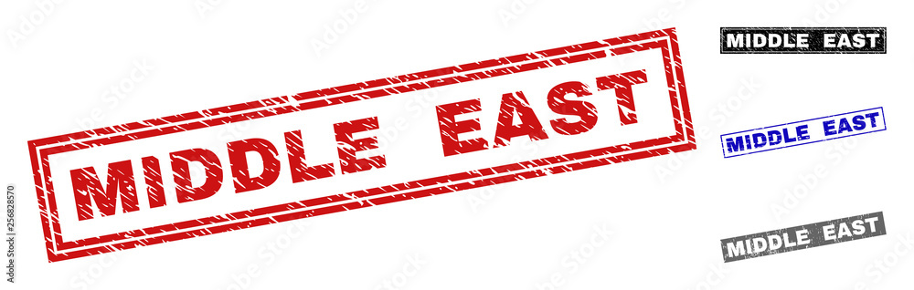 Grunge MIDDLE EAST rectangle stamp seals isolated on a white background. Rectangular seals with distress texture in red, blue, black and gray colors. Grunge MIDDLE EAST rectangle stamp seals isolated on a white background. Rectangular seals with distress texture in red, blue, black and gray colors.