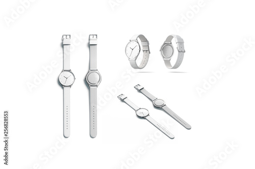 Blank white watch wristlet mockup set  isolated  front and back  3d rendering. Empty wristwatch with glass display mock up. Clear fashion jewelry with leather band template.
