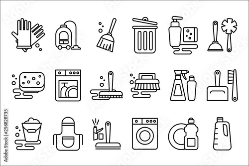 Vector set of linear icons on cleaning theme. Objects for housekeeping gloves, broom, hoover, mop and bucket. Elements for mobile app, website, cleaning company