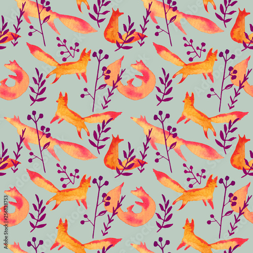 Cute orange red foxes in dark purple forest watercolor seamless pattern on gray green background. Cartoon simple foxes playing, curled, jumping, sitting