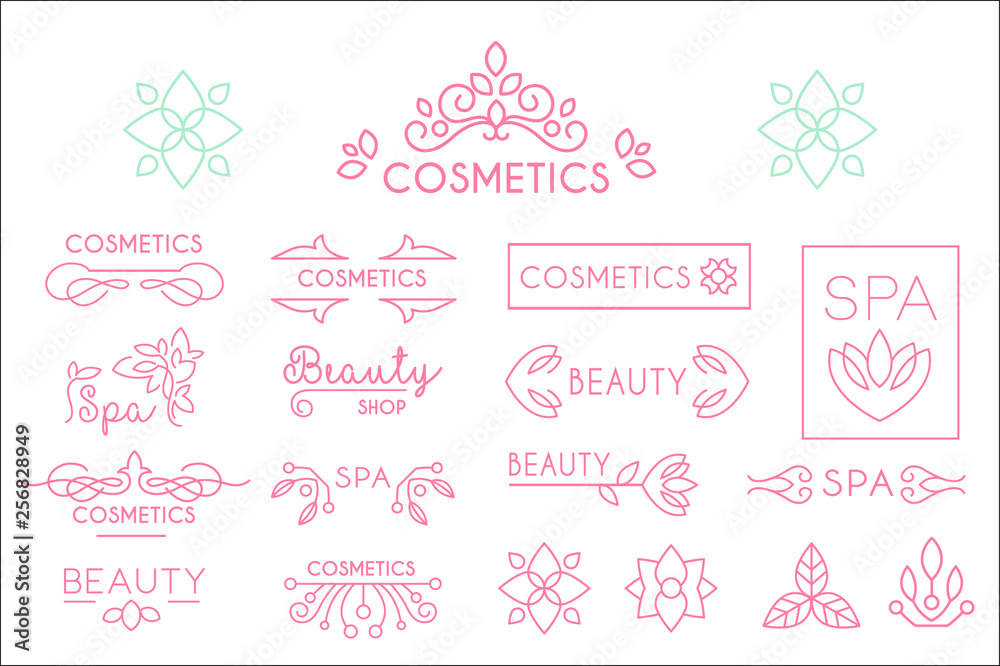 Vector set of linear spa and cosmetics logo templates with natural elements leaves and flowers . Design for product label, beauty shop or salon Vector set of linear spa and cosmetics logo templates with natural elements leaves and flowers . Design for product label, beauty shop or salon