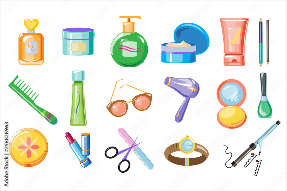 Set of women accessories, skincare and hygiene products. Bathroom cosmetics, perfume, comb, sunglasses, lipstick, wristwatch. Cartoon flat vector design