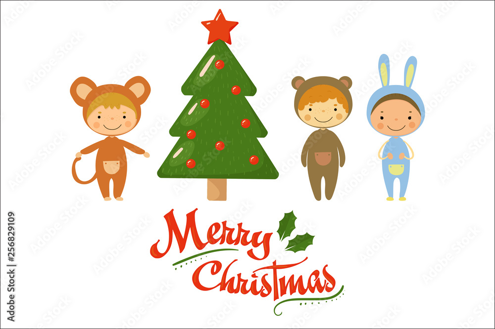 Cartoon kids characters in carnival costumes standing near green holiday tree. Merry Christmas theme. Flat vector design for party invitation or greeting card