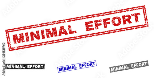 Grunge MINIMAL EFFORT rectangle stamp seals isolated on a white background. Rectangular seals with grunge texture in red, blue, black and grey colors.