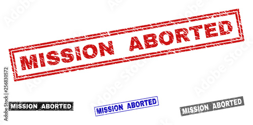 Grunge MISSION ABORTED rectangle stamp seals isolated on a white background. Rectangular seals with grunge texture in red, blue, black and gray colors.