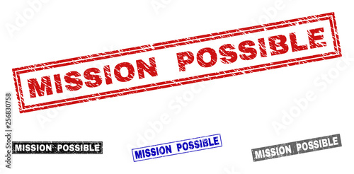 Grunge MISSION POSSIBLE rectangle stamp seals isolated on a white background. Rectangular seals with grunge texture in red, blue, black and grey colors.