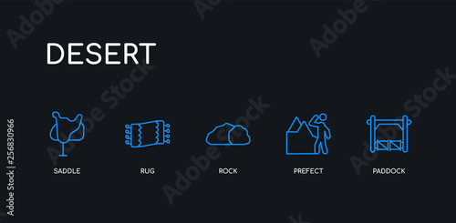5 outline stroke blue paddock, prefect, rock, rug, saddle icons from desert collection on black background. line editable linear thin icons.
