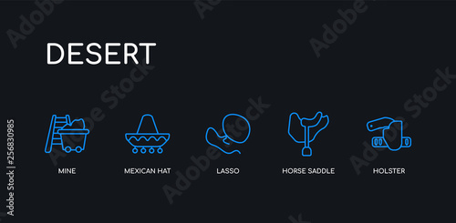 5 outline stroke blue holster, horse saddle, lasso, mexican hat, mine icons from desert collection on black background. line editable linear thin icons.