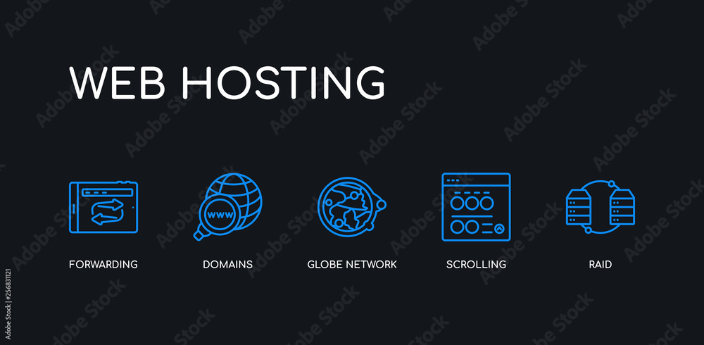 5 outline stroke blue raid, scrolling, globe network, domains, forwarding icons from web hosting collection on black background. line editable linear thin icons.
