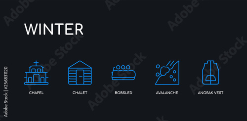 5 outline stroke blue anorak vest, avalanche, bobsled, chalet, chapel icons from winter collection on black background. line editable linear thin icons.