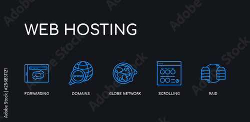 5 outline stroke blue raid, scrolling, globe network, domains, forwarding icons from web hosting collection on black background. line editable linear thin icons.