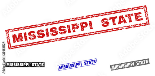 Grunge MISSISSIPPI STATE rectangle stamp seals isolated on a white background. Rectangular seals with grunge texture in red, blue, black and grey colors.