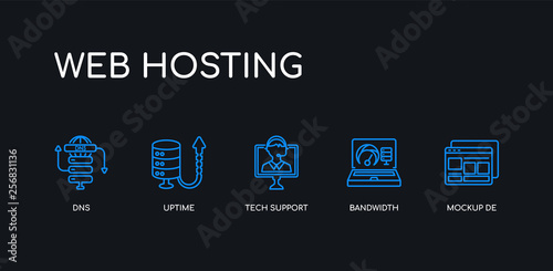 5 outline stroke blue mockup de, bandwidth, tech support, uptime, dns icons from web hosting collection on black background. line editable linear thin icons.