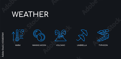 5 outline stroke blue typhoon, umbrella, volcano, waning moon, warm icons from weather collection on black background. line editable linear thin icons.
