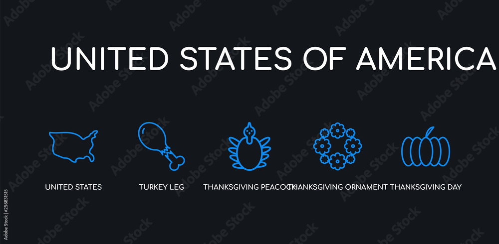 5 outline stroke blue thanksgiving day, thanksgiving ornament, thanksgiving peacock, turkey leg, united states icons from united states of america collection on black background. line editable