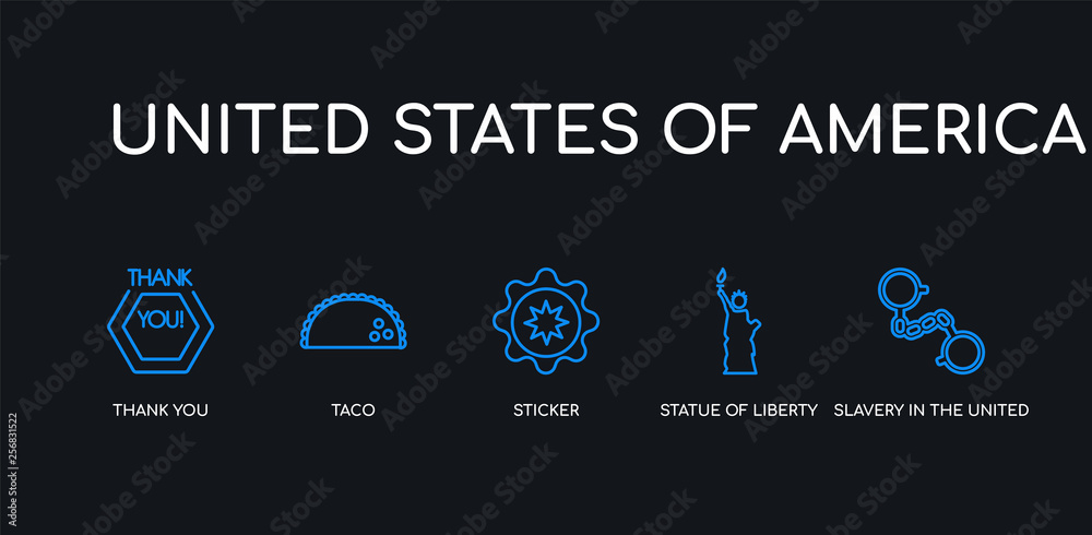 5 outline stroke blue slavery in the united states, statue of liberty, sticker, taco, thank you icons from united states of america collection on black background. line editable linear thin icons. 5 outline stroke blue slavery in the united states, statue of liberty, sticker, taco, thank you icons from united states of america collection on black background. line editable linear thin icons.