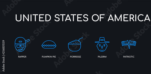 5 outline stroke blue patriotic, pilgrim, porridge, pumpkin pie, rapper icons from united states of america collection on black background. line editable linear thin icons.