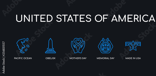 5 outline stroke blue made in usa, memorial day, mother's day, obelisk, pacific ocean icons from united states of america collection on black background. line editable linear thin icons.