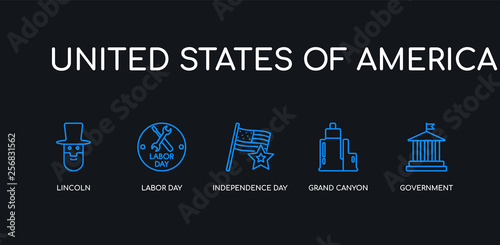 5 outline stroke blue government, grand canyon, independence day, labor day, lincoln icons from united states of america collection on black background. line editable linear thin icons.