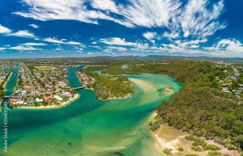Aerial drone view, Tallebudgera Creek and beach on the Gold Coast, Queensland, Australia