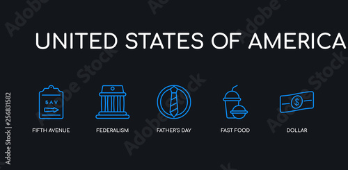 Print op canvas 5 outline stroke blue dollar, fast food, father's day, federalism, fifth avenue icons from united states of america collection on black background