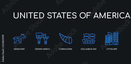 5 outline stroke blue cityscape, columbus day, cornucopia, crowd march, democrat icons from united states of america collection on black background. line editable linear thin icons.