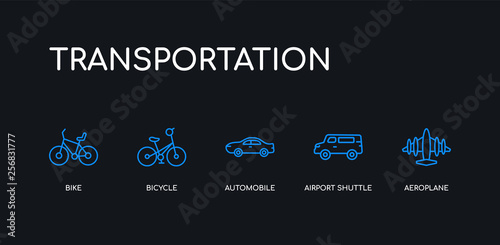 5 outline stroke blue aeroplane, airport shuttle, automobile, bicycle, bike icons from transportation collection on black background. line editable linear thin icons.