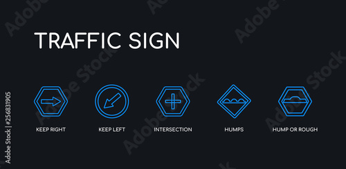 5 outline stroke blue hump or rough, humps, intersection, keep left, keep right icons from traffic sign collection on black background. line editable linear thin icons.