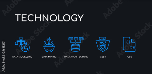 5 outline stroke blue css, css3, data architecture, data mining, data modelling icons from technology collection on black background. line editable linear thin icons.