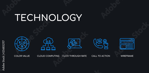5 outline stroke blue wireframe, call to action, click through rate, cloud computing, color value icons from technology collection on black background. line editable linear thin icons.