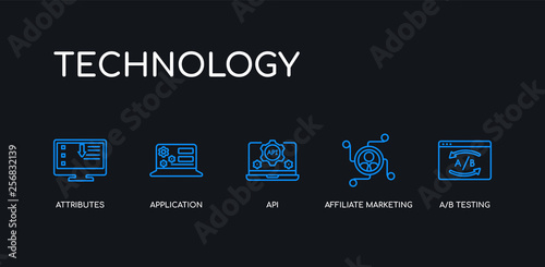 5 outline stroke blue a/b testing, affiliate marketing, api, application, attributes icons from technology collection on black background. line editable linear thin icons.