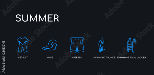 5 outline stroke blue swimming pool ladder, swimming trunks, waterski, wave, wetsuit icons from summer collection on black background. line editable linear thin icons.