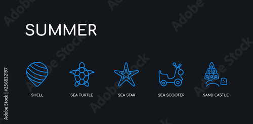 5 outline stroke blue sand castle  sea scooter  sea star  sea turtle  shell icons from summer collection on black background. line editable linear thin icons.