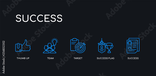 5 outline stroke blue success, success flag, target, team, thumb up icons from success collection on black background. line editable linear thin icons.