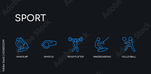 5 outline stroke blue volleyball, wakeboarding, weightlifter, whistle, windsurf icons from sport collection on black background. line editable linear thin icons.