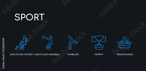 5 outline stroke blue trampolining, trophy, tumbling, unicycling handball, unicycling hockey icons from sport collection on black background. line editable linear thin icons.