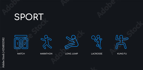 5 outline stroke blue kung fu, lacrosse, long jump, marathon, match icons from sport collection on black background. line editable linear thin icons.