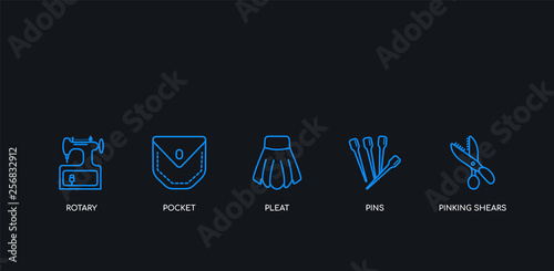 5 outline stroke blue pinking shears, pins, pleat, pocket, rotary icons from sew collection on black background. line editable linear thin icons.