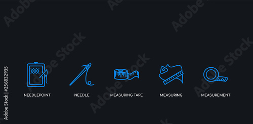 5 outline stroke blue measurement, measuring, measuring tape, needle, needlepoint icons from sew collection on black background. line editable linear thin icons.