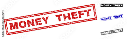 Grunge MONEY THEFT rectangle stamp seals isolated on a white background. Rectangular seals with distress texture in red, blue, black and gray colors.