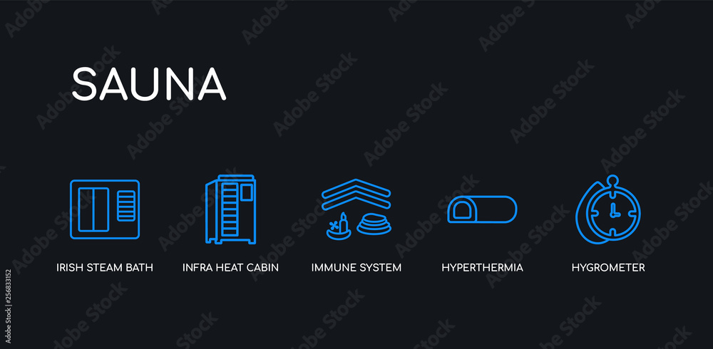 5 outline stroke blue hygrometer, hyperthermia, immune system, infra heat cabin, irish steam bath icons from sauna collection on black background. line editable linear thin icons.