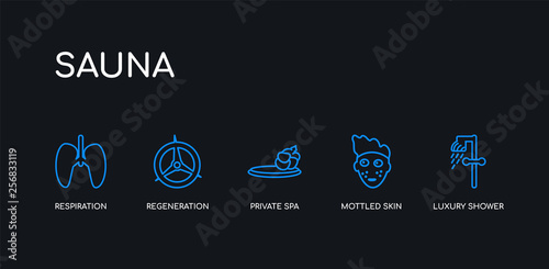 5 outline stroke blue luxury shower, mottled skin, private spa, regeneration, respiration icons from sauna collection on black background. line editable linear thin icons.